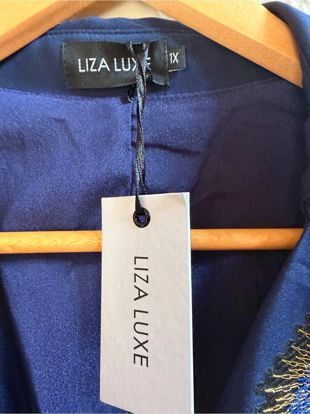 NWT Liza Luxe navy fit & flare dress peacock detail